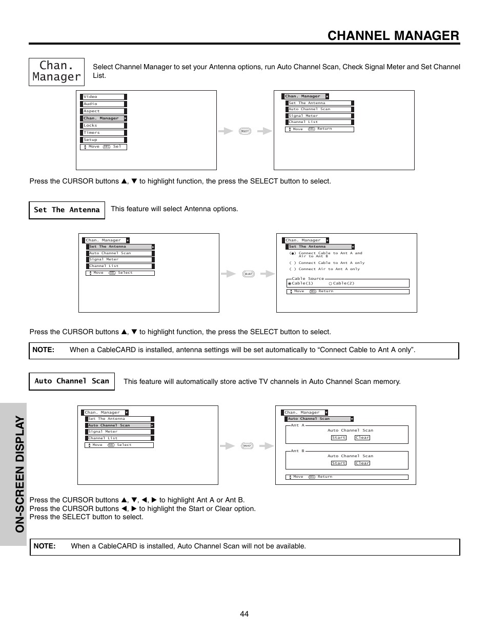 Channel manager, Chan. manager, On-screen displa y | This feature will select antenna options | Hitachi 51F710S User Manual | Page 44 / 80
