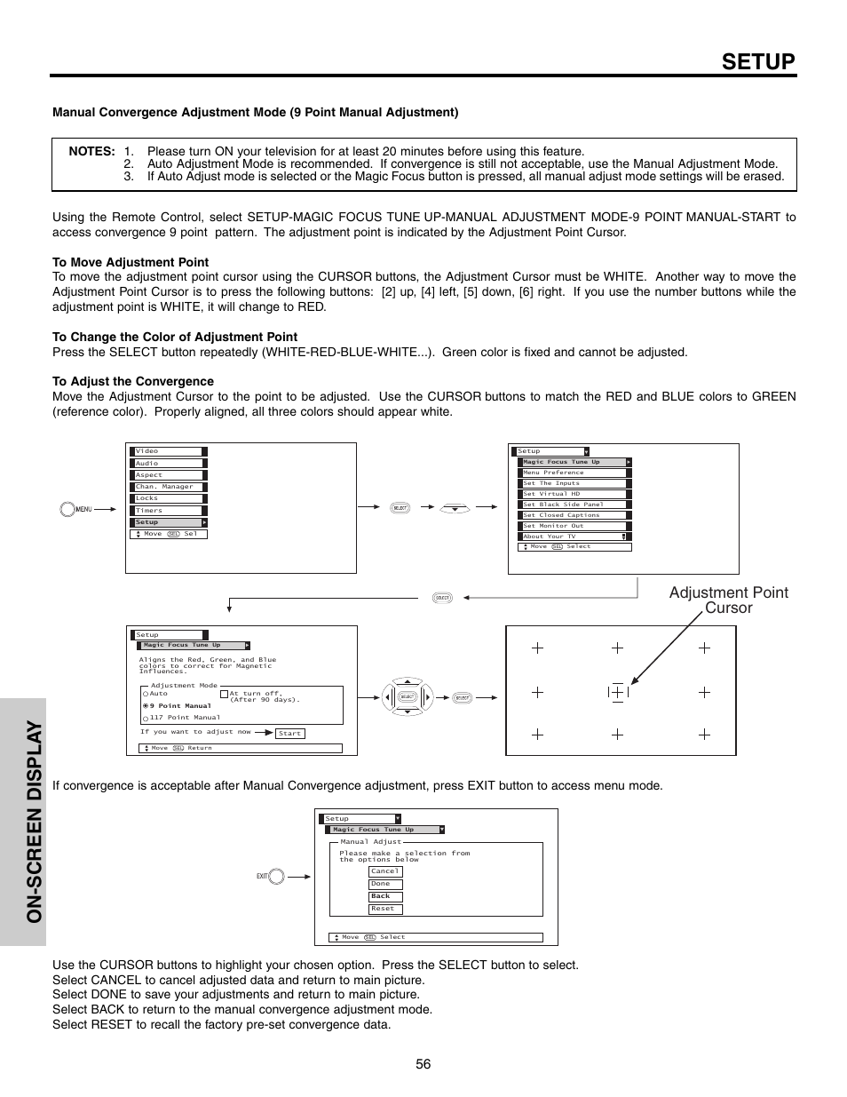 Setup, On-screen displa y, Adjustment point cursor | Hitachi 51F710S User Manual | Page 56 / 80