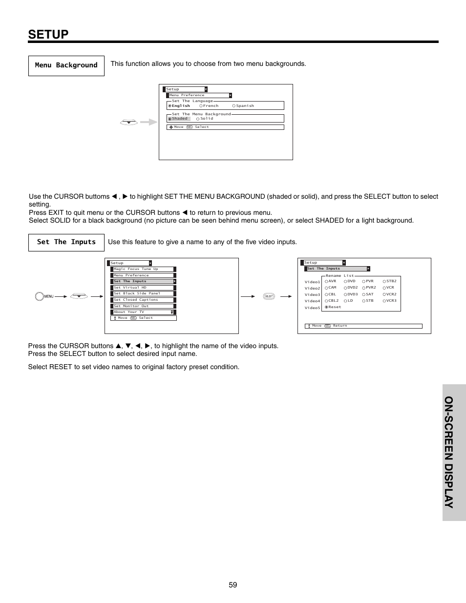 Setup, On-screen displa y | Hitachi 51F710S User Manual | Page 59 / 80