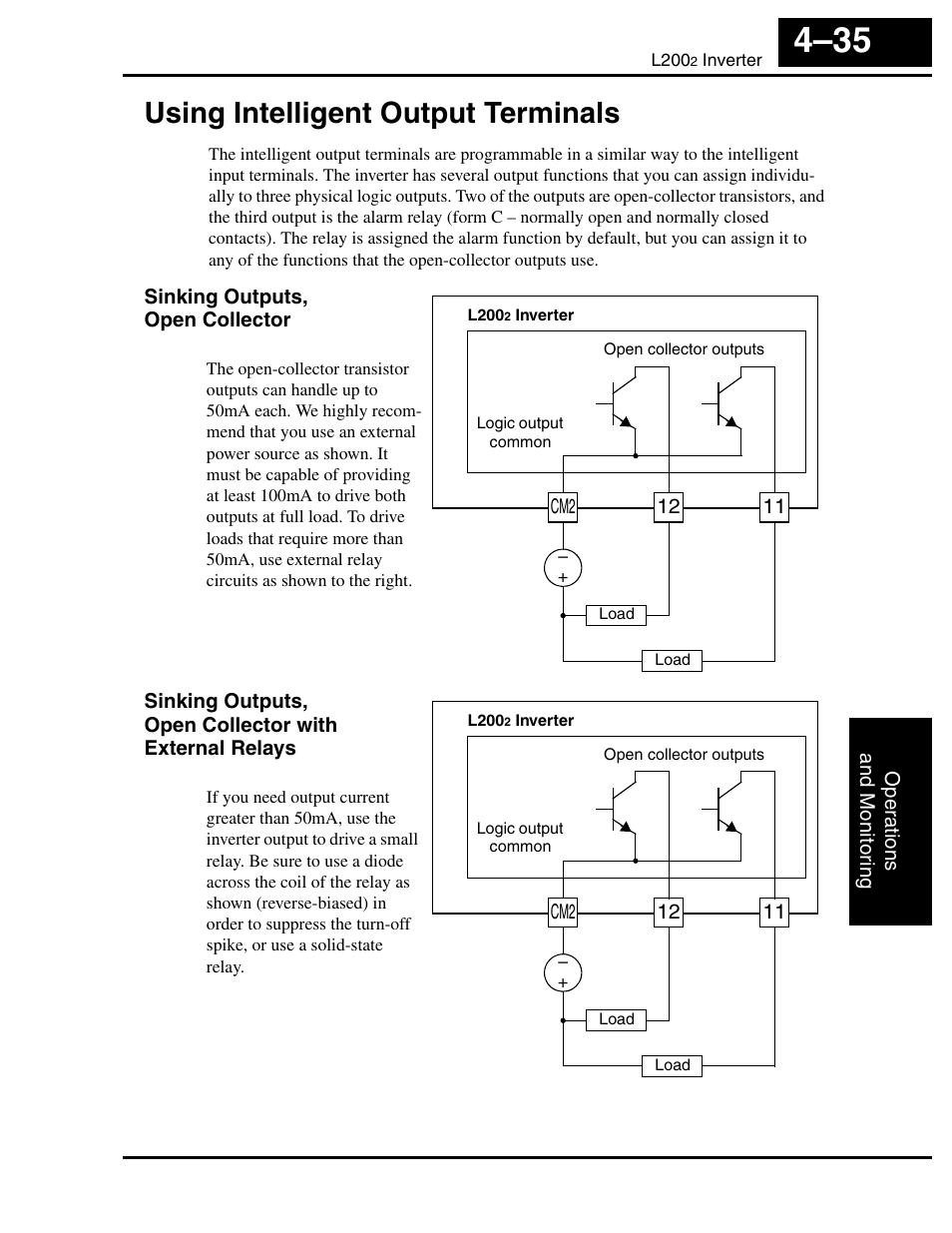 Using intelligent output terminals, Sinking outputs, open collector, Using intelligent output terminals 4–35 | Hitachi L2002 User Manual | Page 179 / 304