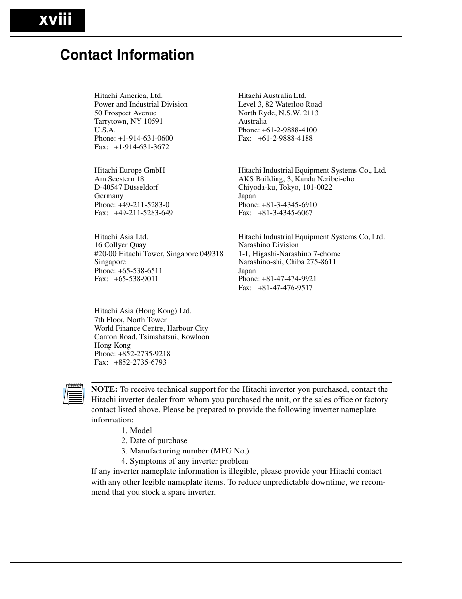 Contact information, Contact information xviii, Xviii | Hitachi L2002 User Manual | Page 20 / 304