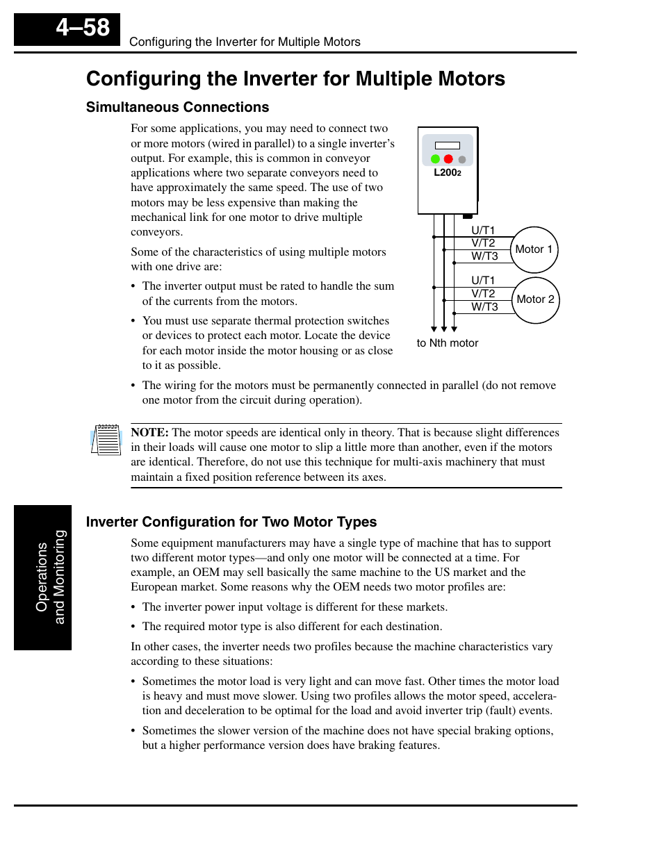 Configuring the inverter for multiple motors, Simultaneous connections, Inverter configuration for two motor types | Configuring the inverter for multiple motors 4–58, Configuring the inverter for multiple, For detail | Hitachi L2002 User Manual | Page 202 / 304