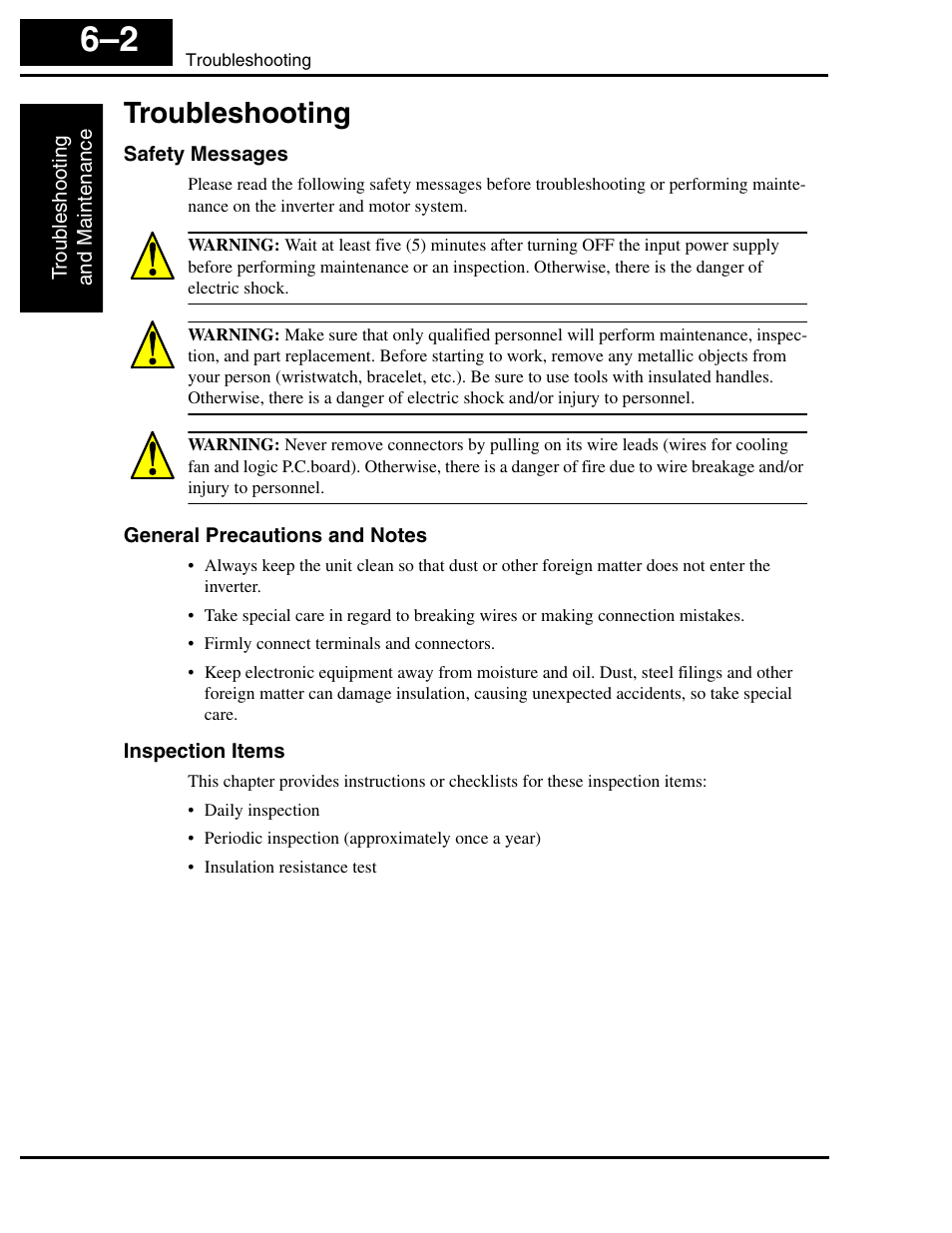 Troubleshooting, Safety messages, General precautions and notes | Inspection items, Troubleshooting 6–2 | Hitachi L2002 User Manual | Page 214 / 304
