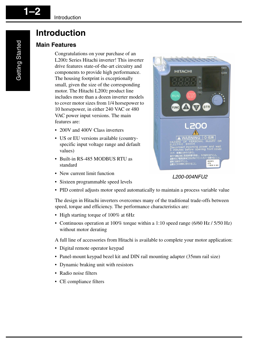 Introduction, Main features, Introduction 1–2 | Hitachi L2002 User Manual | Page 22 / 304
