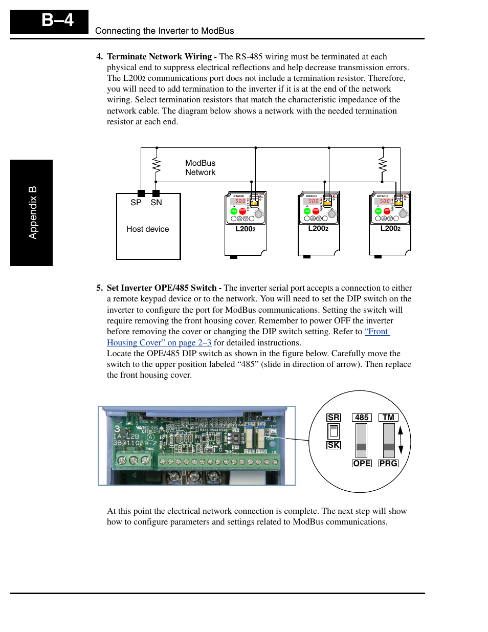 Appendix b, Connecting the inverter to modbus, L200 | Hitachi L2002 User Manual | Page 240 / 304
