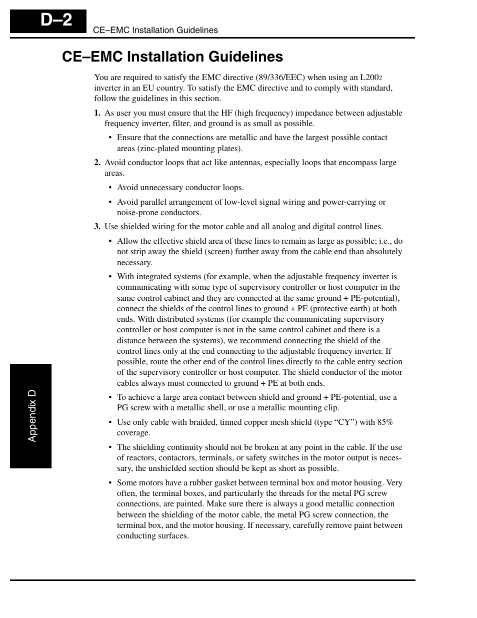 Ce-emc installation guidelines, Ce–emc installation guidelines d–2, Ce–emc installation guidelines | Hitachi L2002 User Manual | Page 294 / 304