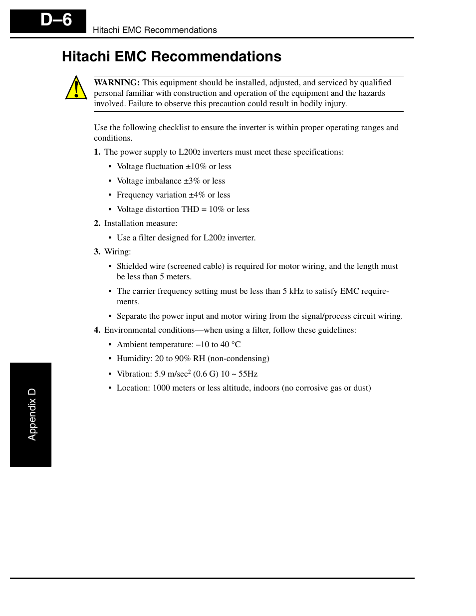 Hitachi emc recommendations, Hitachi emc recommendations d–6 | Hitachi L2002 User Manual | Page 298 / 304
