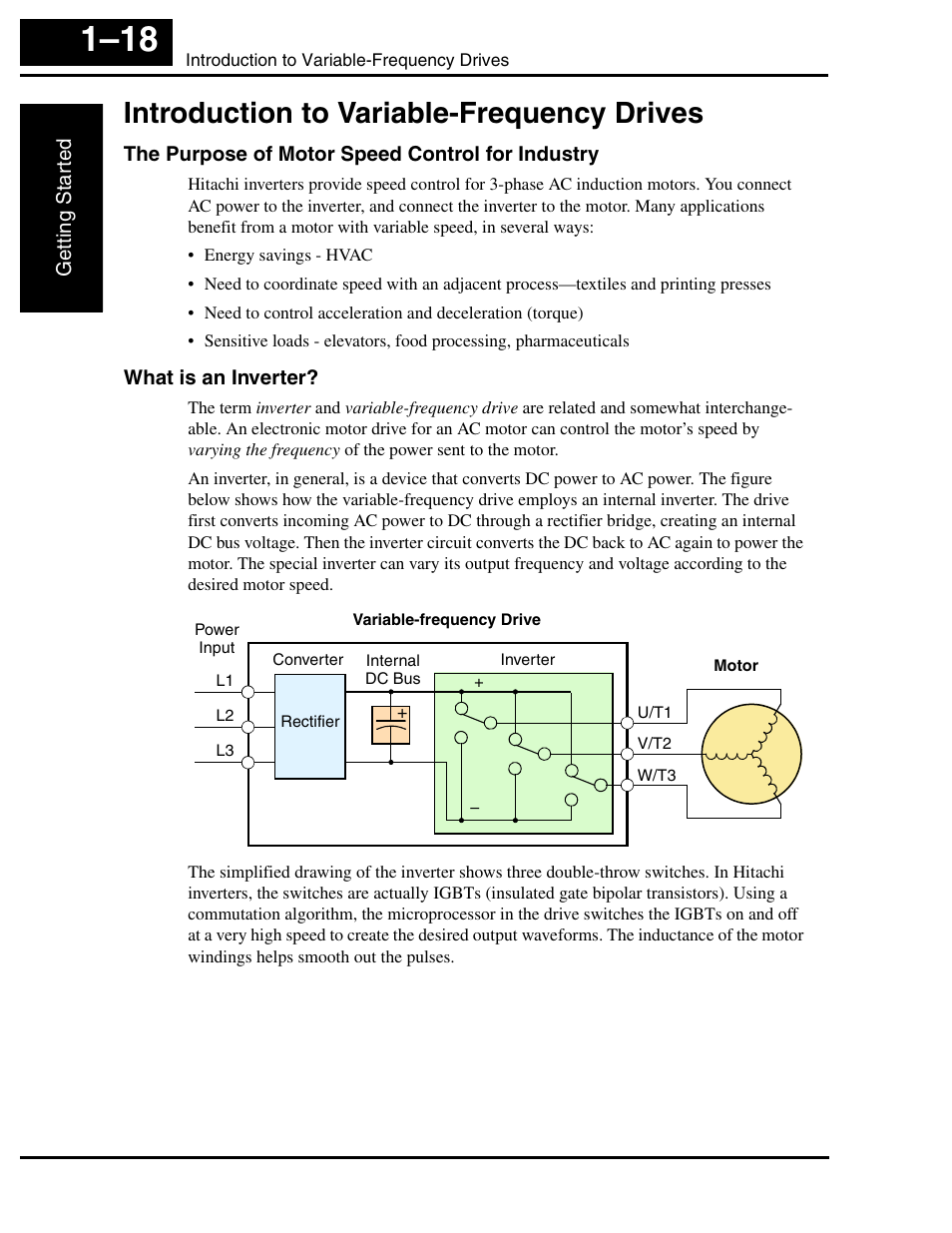 Introduction to variable-frequency drives, The purpose of motor speed control for industry, What is an inverter | Introduction to variable-frequency drives 1–18 | Hitachi L2002 User Manual | Page 38 / 304