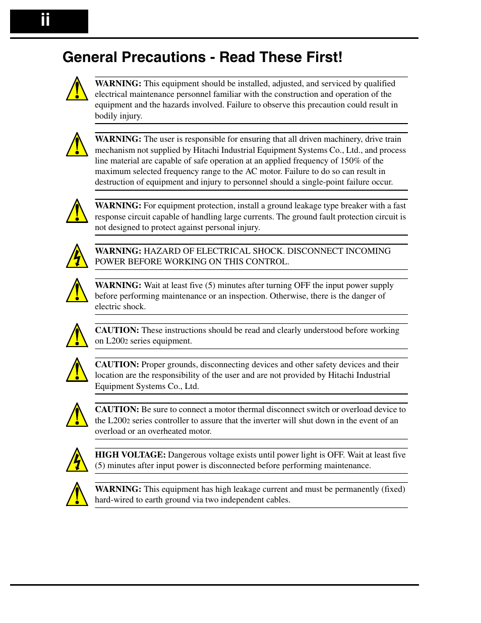 General precautions - read these first | Hitachi L2002 User Manual | Page 4 / 304