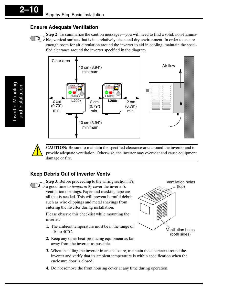 Ensure adequate ventilation, Keep debris out of inverter vents, Step-by-step basic installation | Hitachi L2002 User Manual | Page 56 / 304