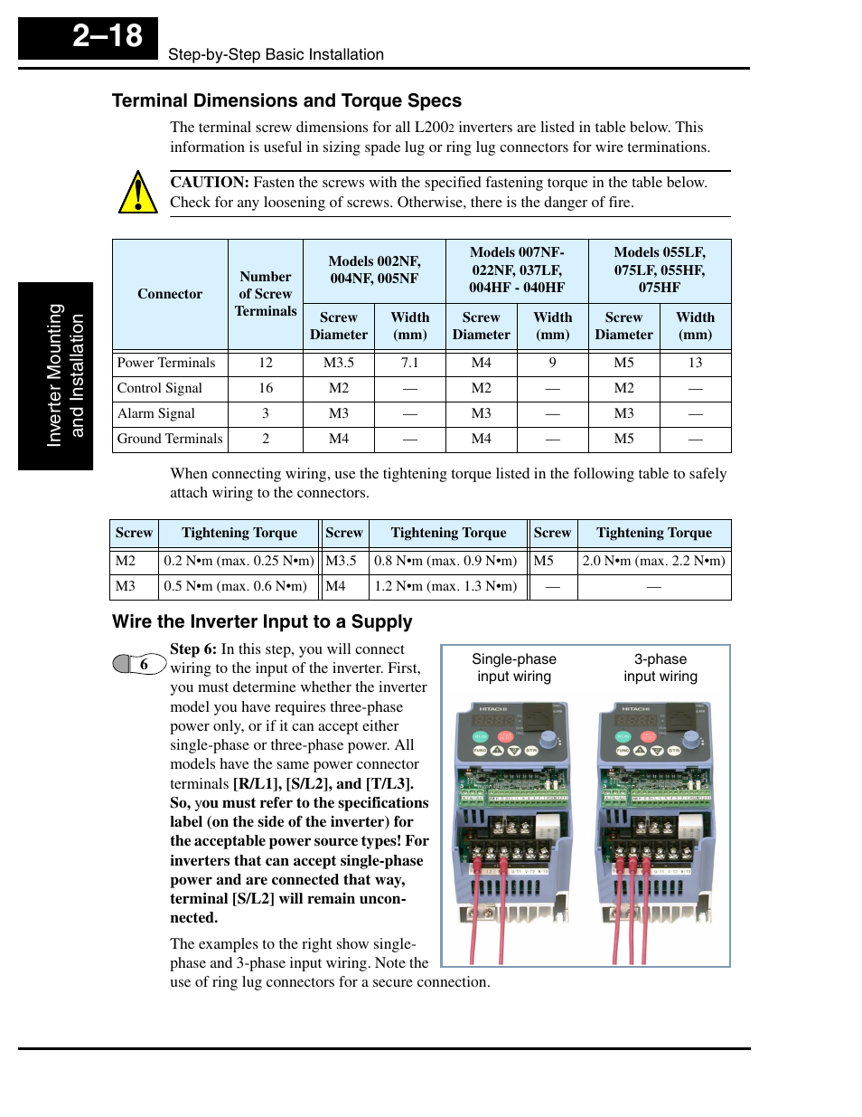 Terminal dimensions and torque specs, Wire the inverter input to a supply | Hitachi L2002 User Manual | Page 64 / 304