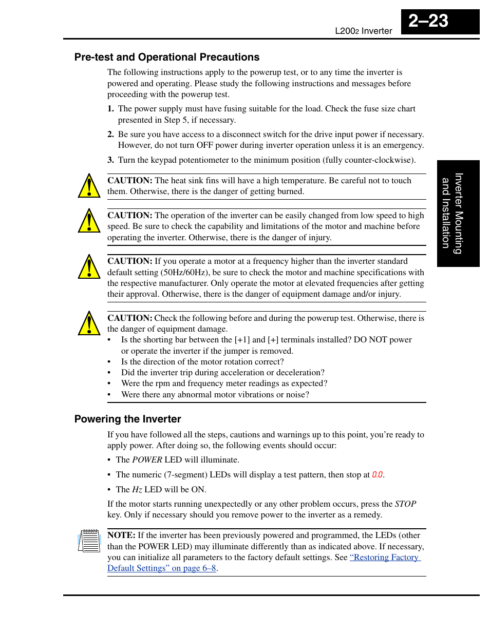 Pre-test and operational precautions, Powering the inverter | Hitachi L2002 User Manual | Page 69 / 304