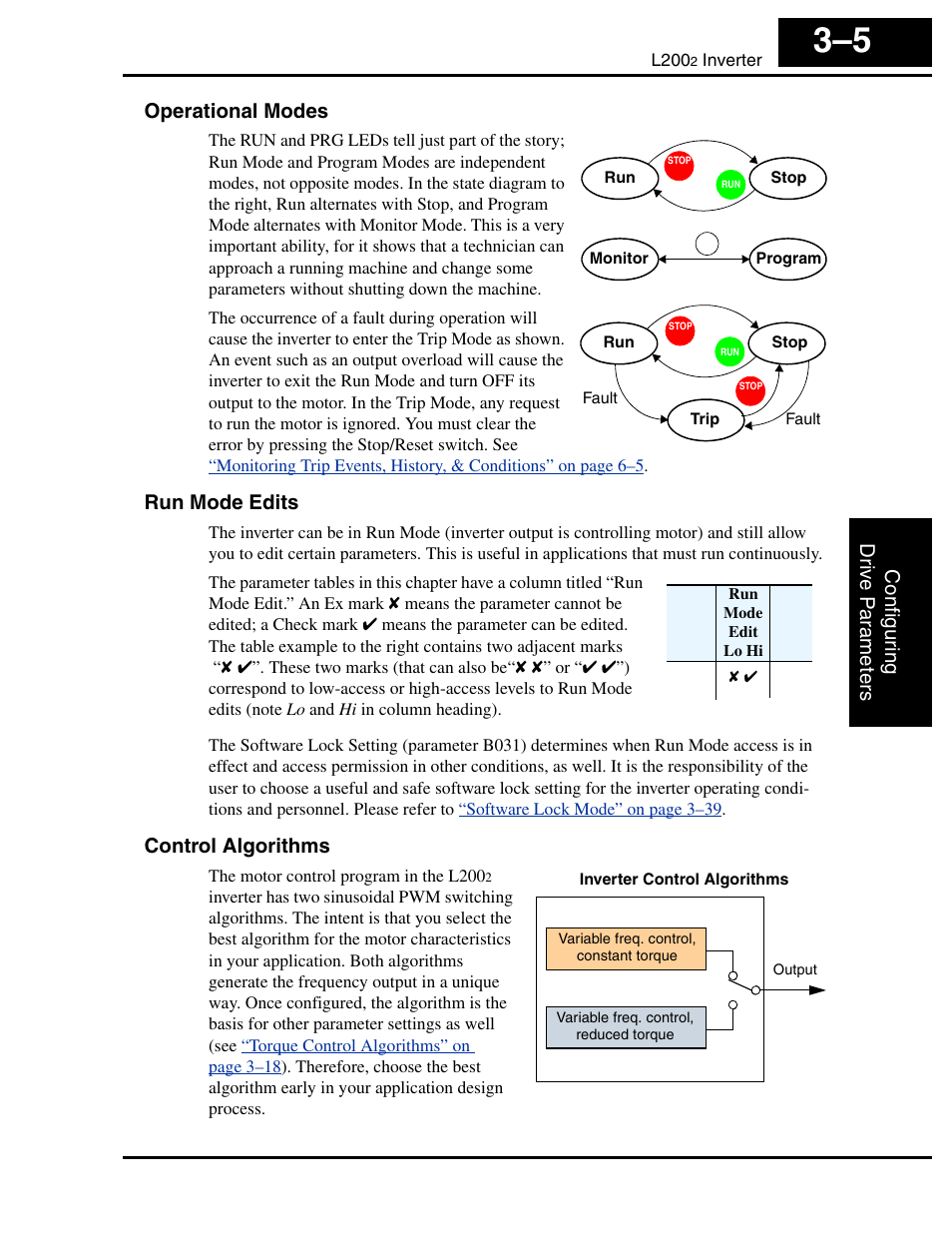 Operational modes, Run mode edits, Control algorithms | Hitachi L2002 User Manual | Page 85 / 304