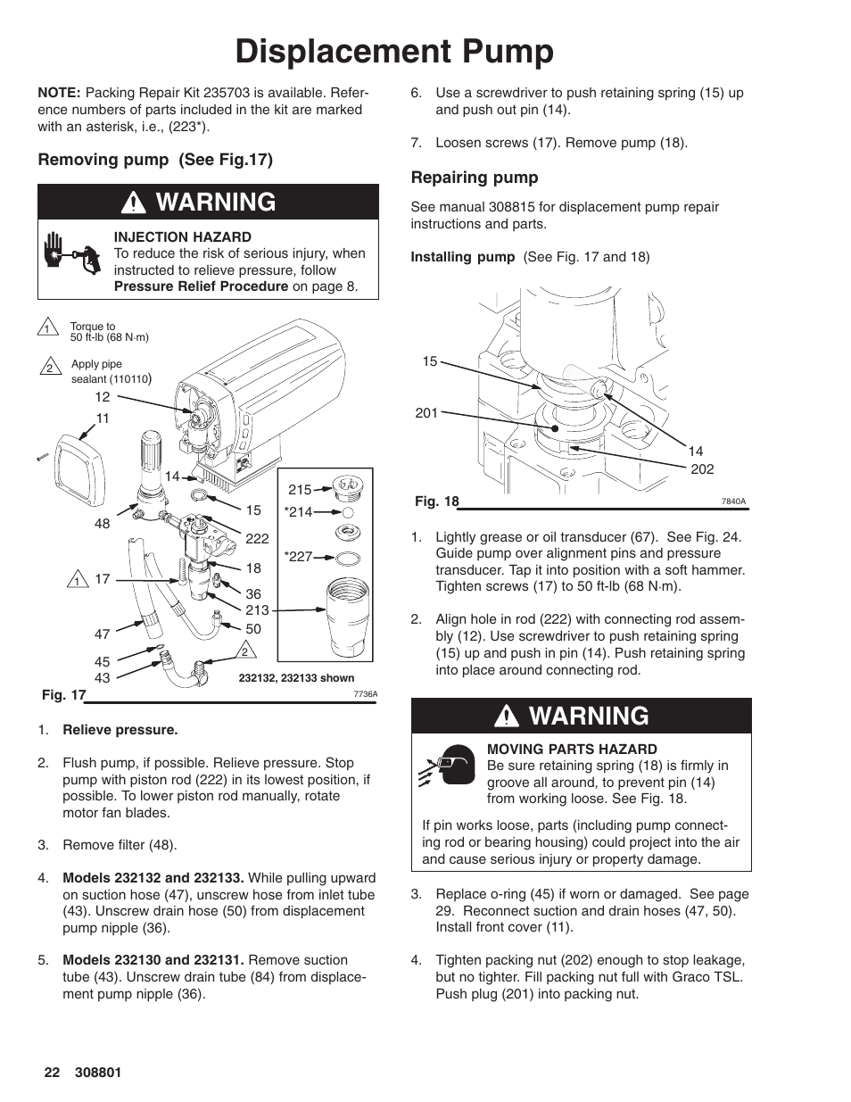Displacement pump, Warning | Hitachi ULTRA MAX 695 232133 User Manual | Page 22 / 36