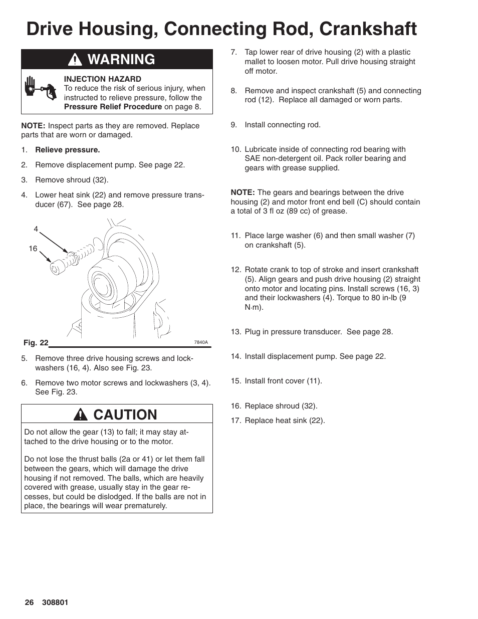 Drive housing, connecting rod, crankshaft, Warning, Caution | Hitachi ULTRA MAX 695 232133 User Manual | Page 26 / 36