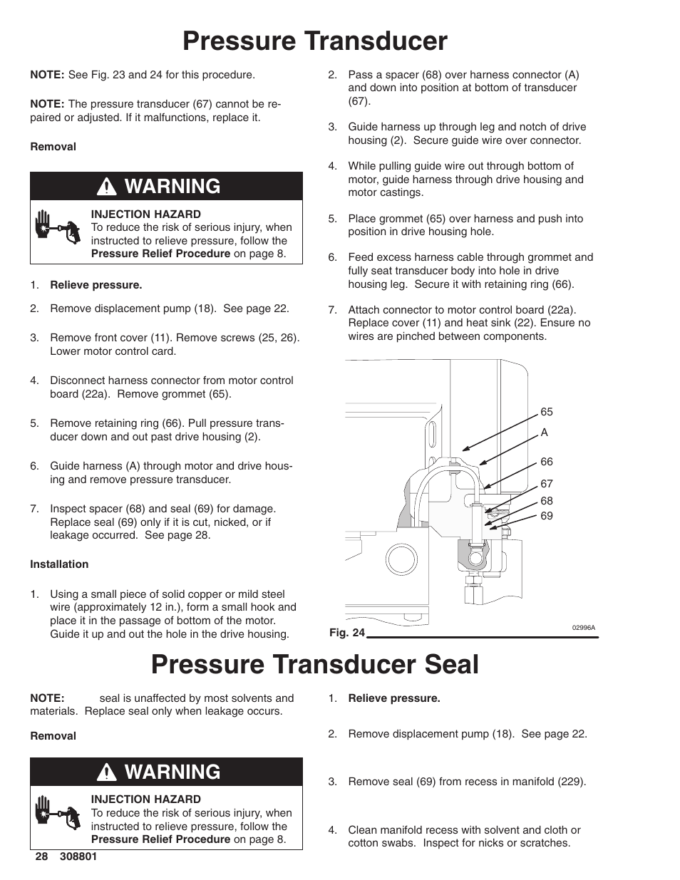 Pressure transducer, Pressure transducer seal, Warning | Hitachi ULTRA MAX 695 232133 User Manual | Page 28 / 36