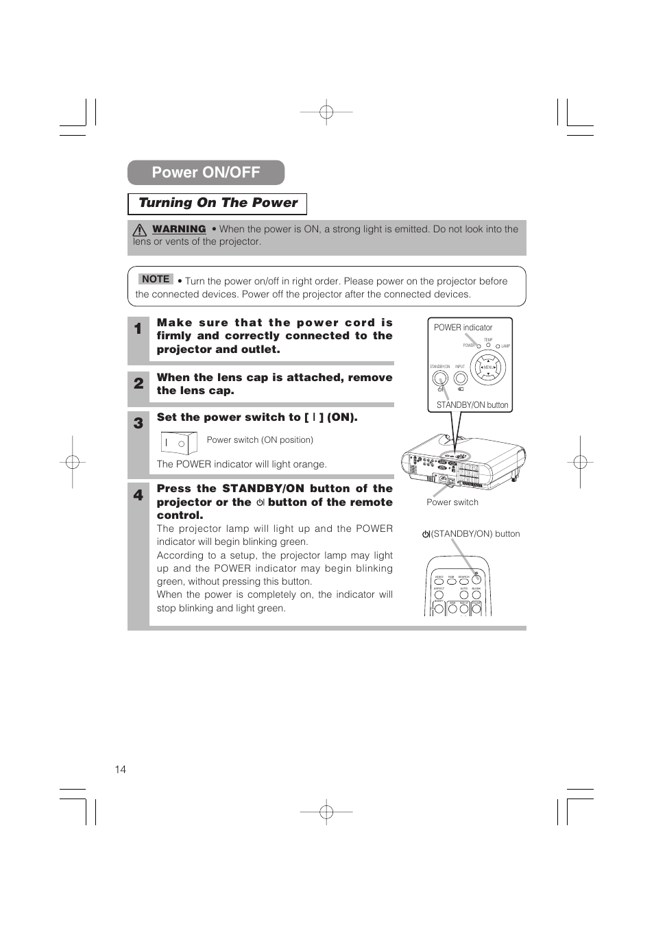 Power on/off, Turning on the power, When the lens cap is attached, remove the lens cap | Set the power switch to [ | ] (on) | Hitachi CP-S235 User Manual | Page 14 / 44