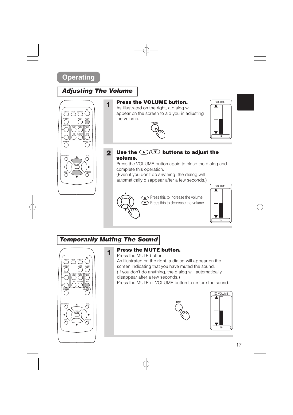 Operating, Adjusting the volume temporarily muting the sound, Press the volume button | Use the / buttons to adjust the volume, Press the mute button | Hitachi CP-S235 User Manual | Page 17 / 44