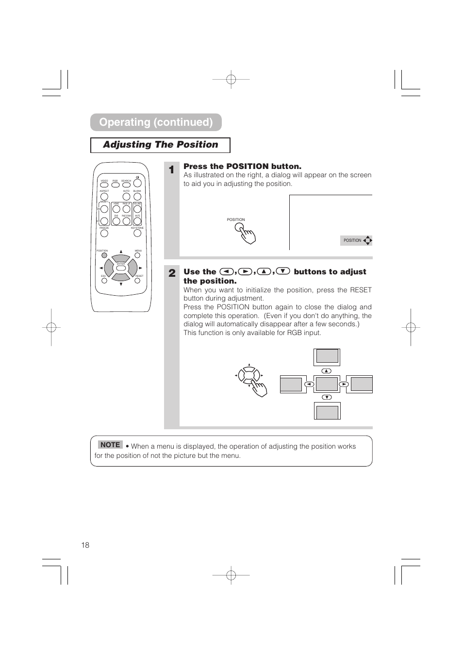 Operating (continued), Adjusting the position, Press the position button | Use the , , , buttons to adjust the position | Hitachi CP-S235 User Manual | Page 18 / 44
