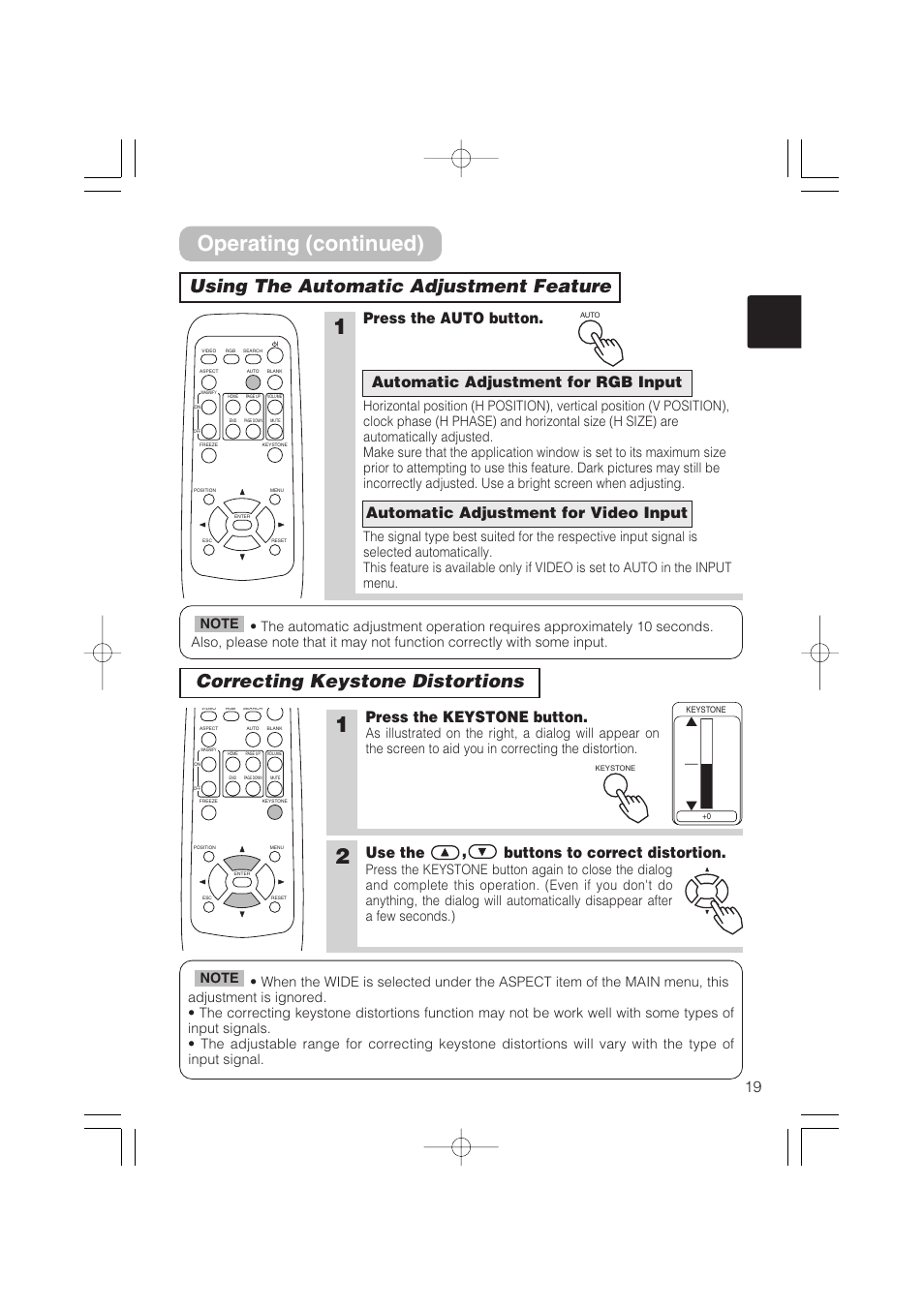 Operating (continued), Press the auto button, Press the keystone button | Use the , buttons to correct distortion | Hitachi CP-S235 User Manual | Page 19 / 44