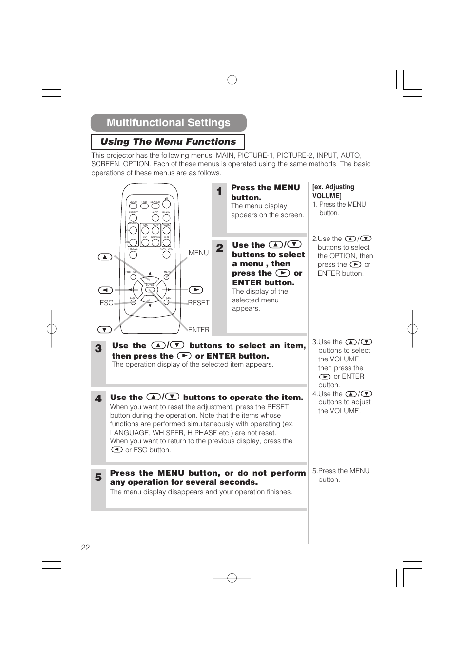 Multifunctional settings, Using the menu functions, Press the menu button | Use the / buttons to operate the item | Hitachi CP-S235 User Manual | Page 22 / 44