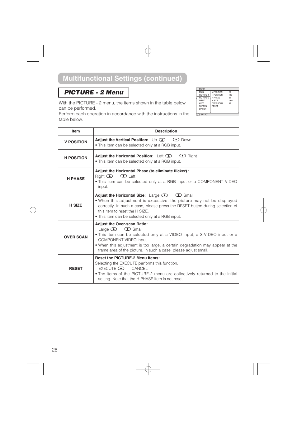 Multifunctional settings (continued), Picture - 2 menu | Hitachi CP-S235 User Manual | Page 26 / 44
