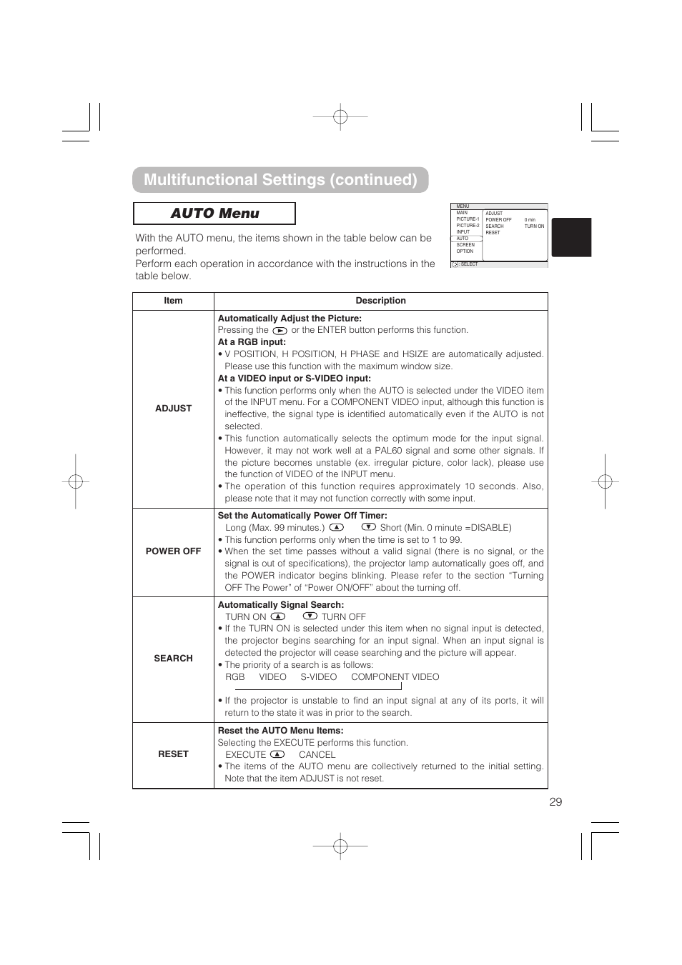Multifunctional settings (continued), Auto menu | Hitachi CP-S235 User Manual | Page 29 / 44
