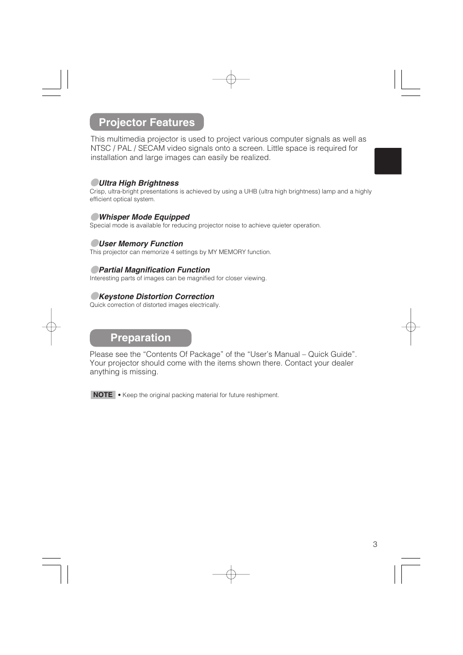 Preparation, Projector features | Hitachi CP-S235 User Manual | Page 3 / 44