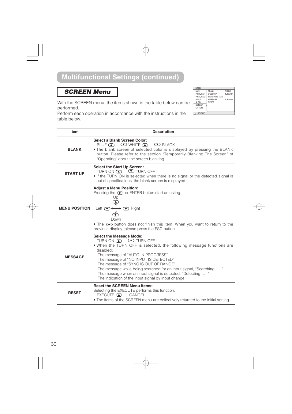 Multifunctional settings (continued), Screen menu | Hitachi CP-S235 User Manual | Page 30 / 44