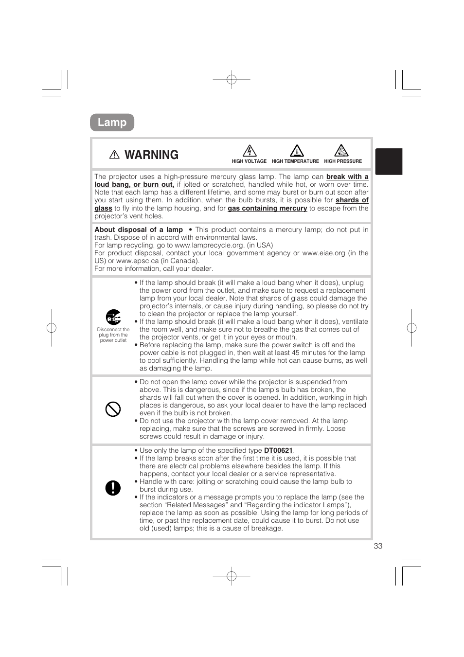 Warning, Lamp | Hitachi CP-S235 User Manual | Page 33 / 44