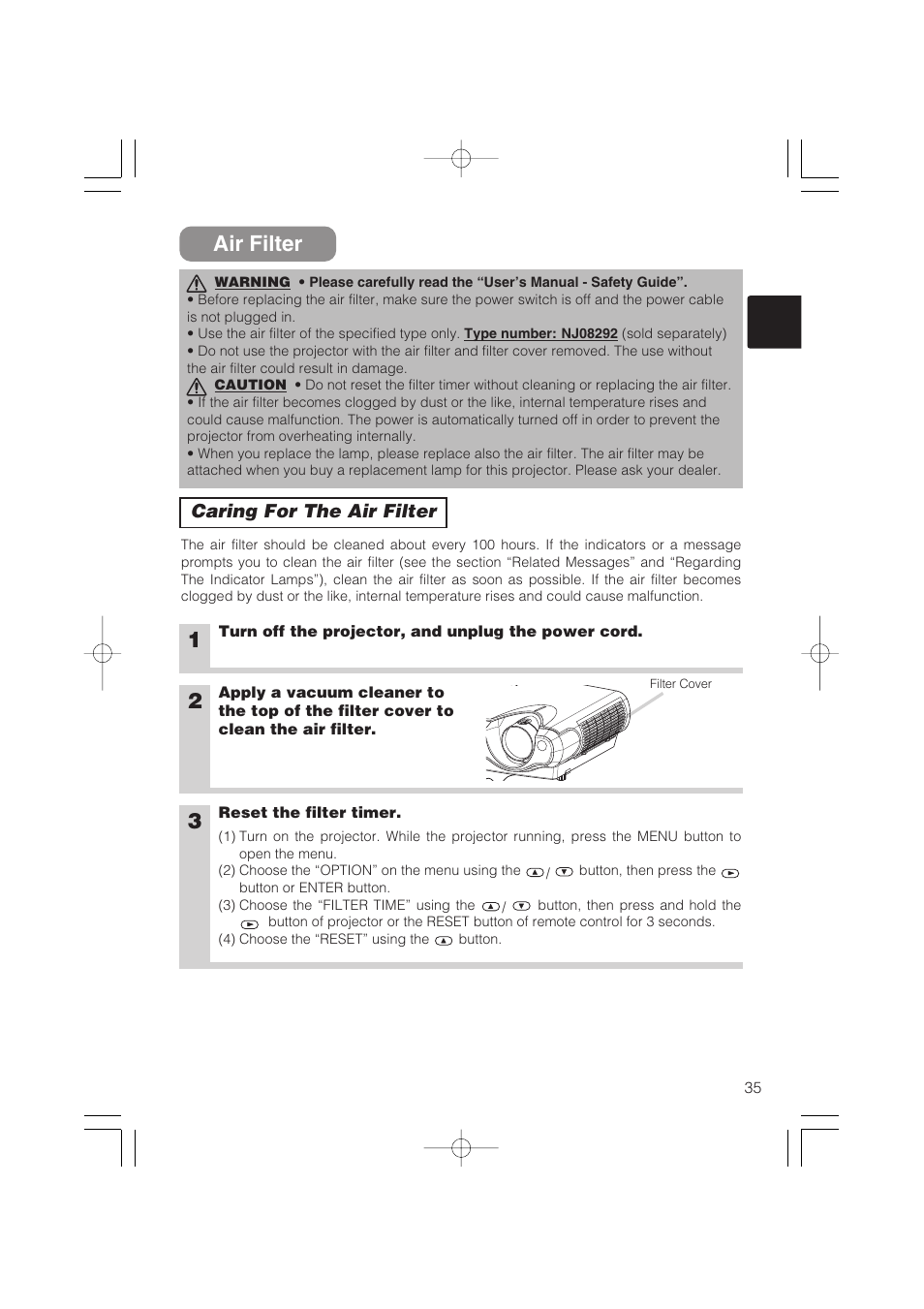 Air filter | Hitachi CP-S235 User Manual | Page 35 / 44