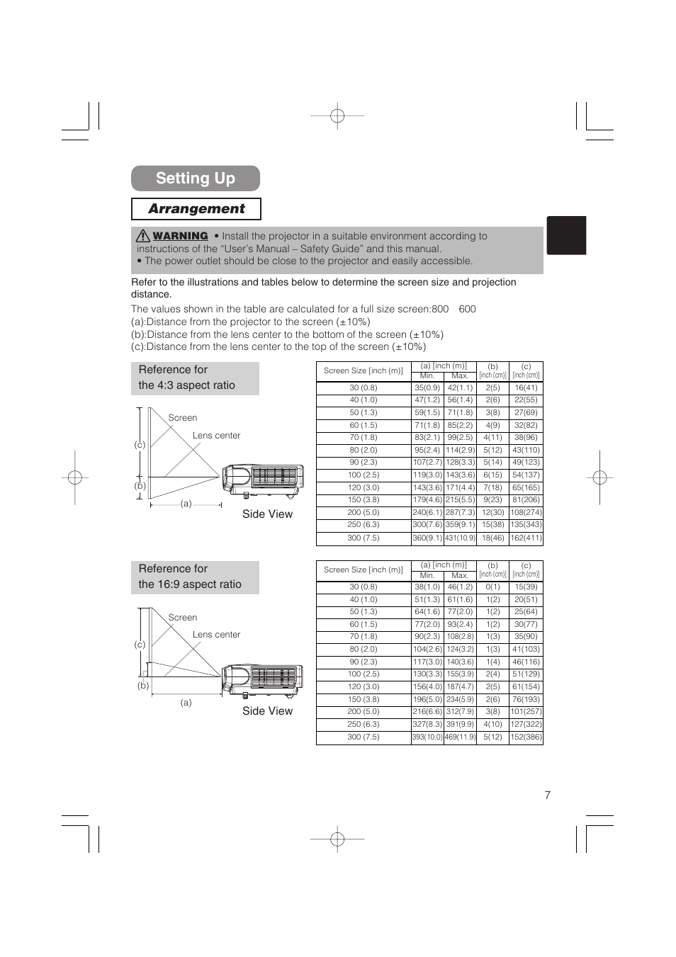Setting up, Arrangement, Reference for the 4:3 aspect ratio | Hitachi CP-S235 User Manual | Page 7 / 44