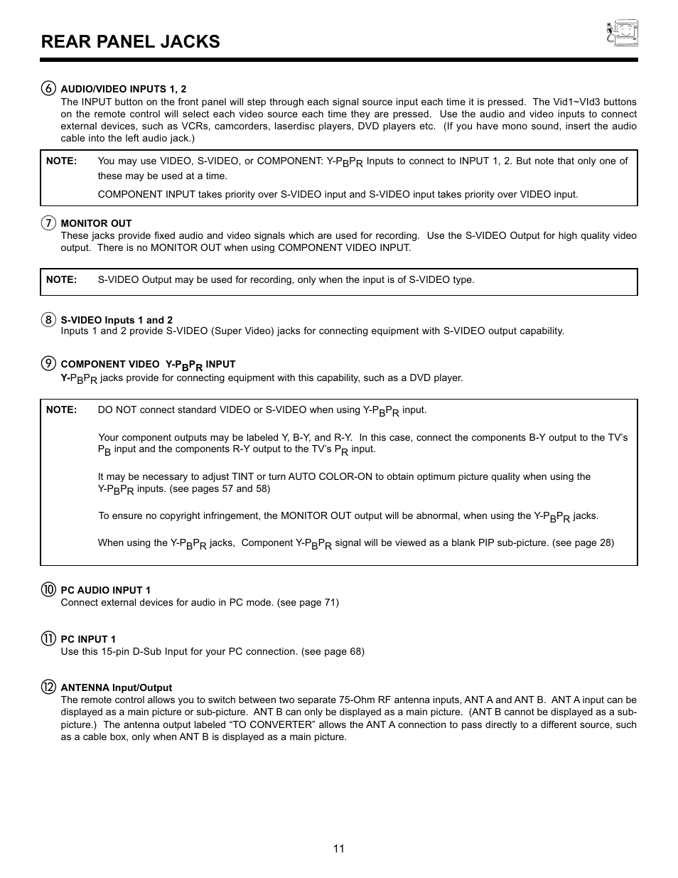 Rear panel jacks | Hitachi 55DMX01WD User Manual | Page 11 / 92