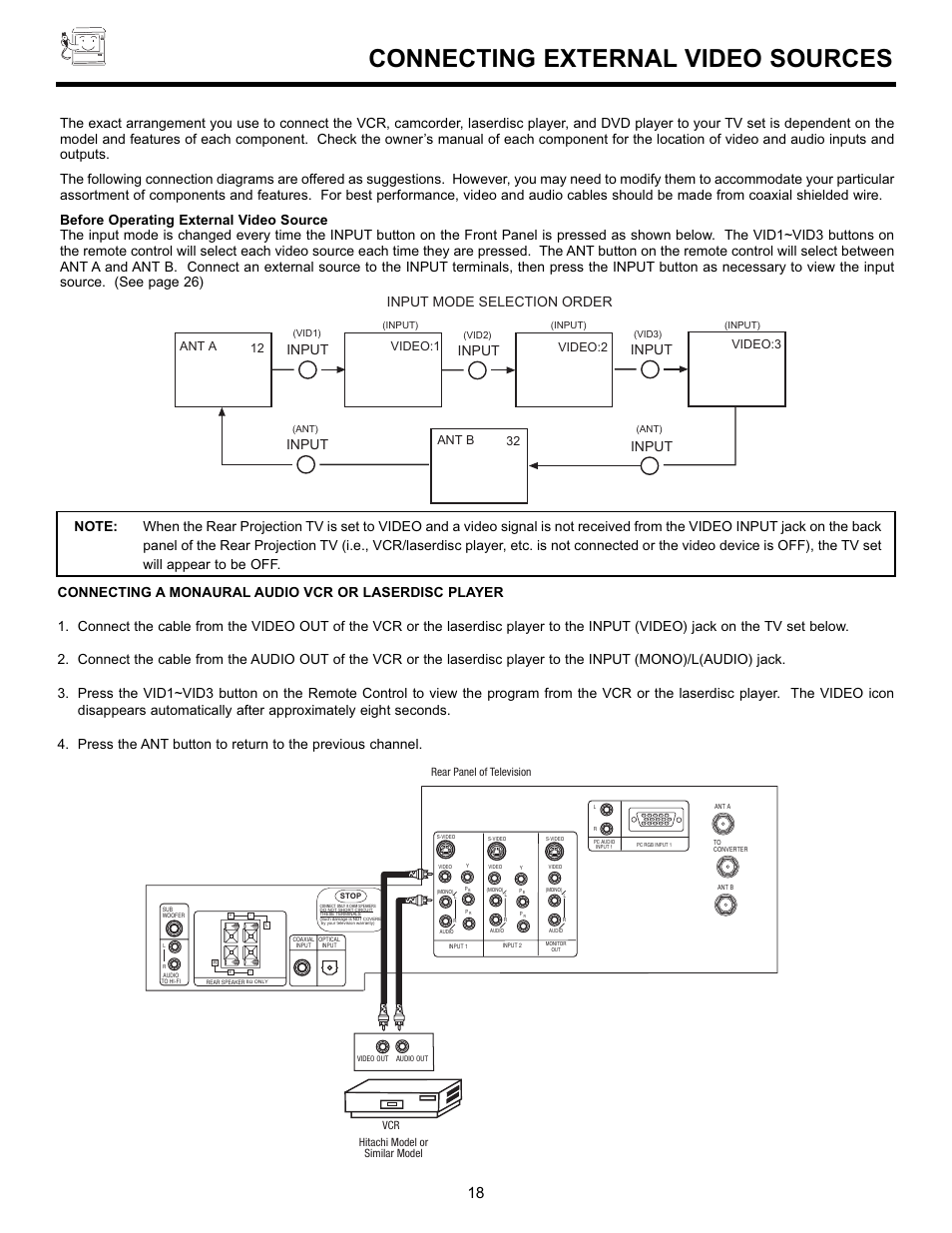 Connecting external video sources, Input mode selection order, Input | Video:1 12, Video:2, Video:3, Ant a 32 ant b | Hitachi 55DMX01WD User Manual | Page 18 / 92