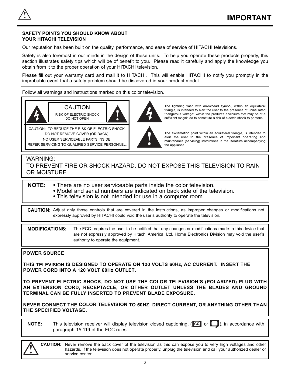 Important, Caution | Hitachi 55DMX01WD User Manual | Page 2 / 92