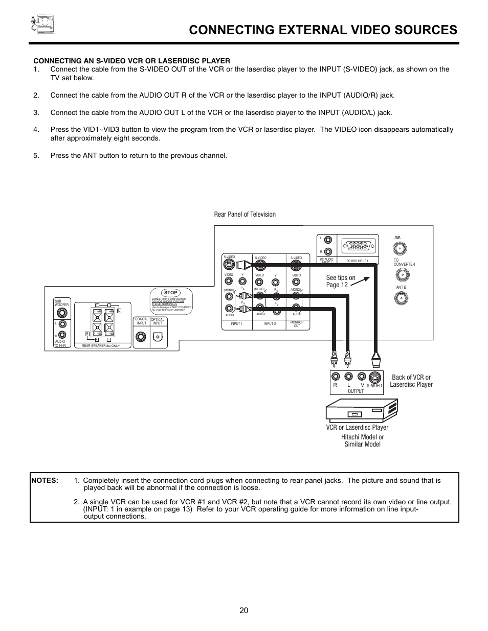 Connecting external video sources | Hitachi 55DMX01WD User Manual | Page 20 / 92