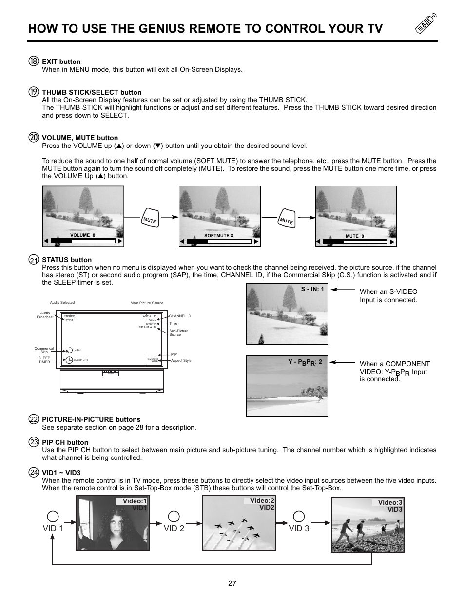 How to use the genius remote to control your tv, Vid 2 vid 3, Vid 1 | Hitachi 55DMX01WD User Manual | Page 27 / 92
