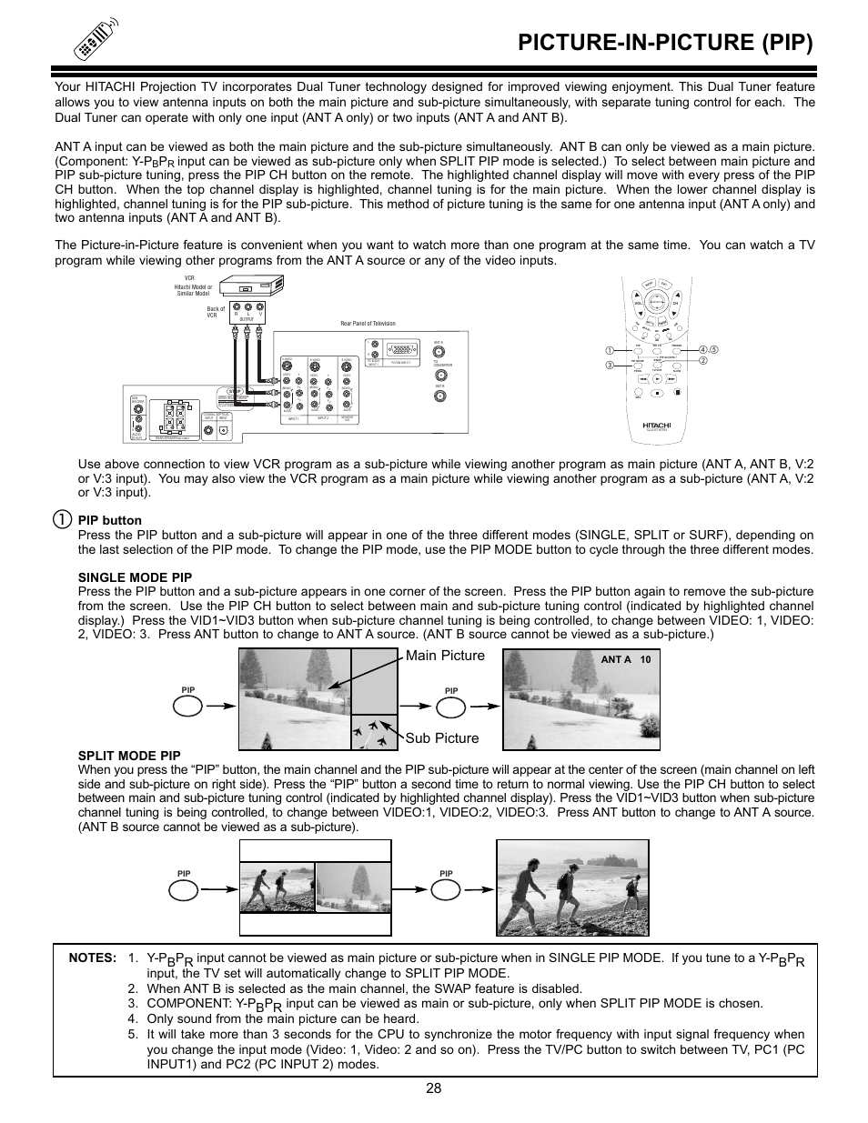 Picture-in-picture (pip), Main picture sub picture, Ant a 10 | Hitachi 55DMX01WD User Manual | Page 28 / 92