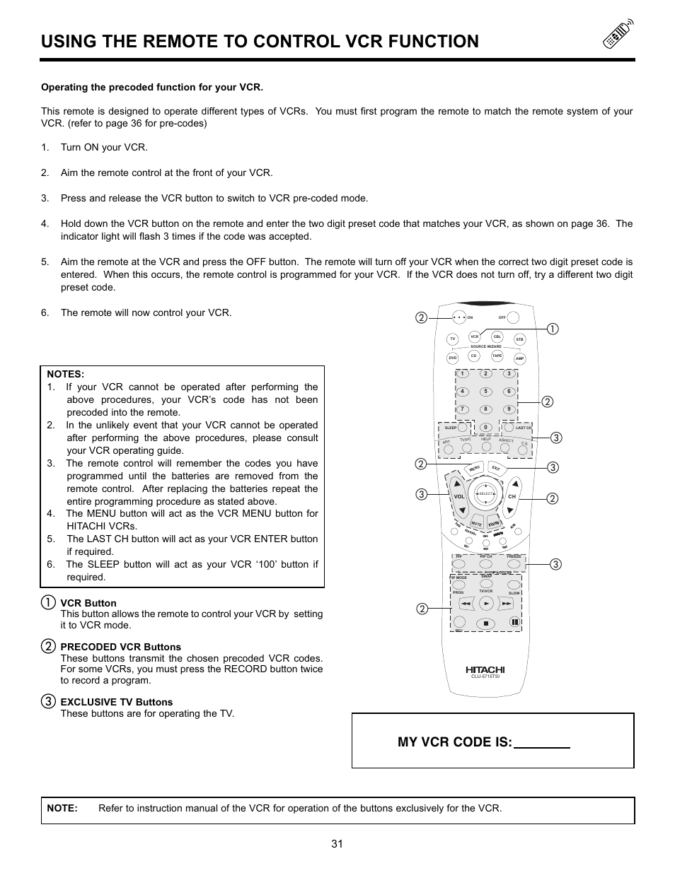 Using the remote to control vcr function, My vcr code is | Hitachi 55DMX01WD User Manual | Page 31 / 92