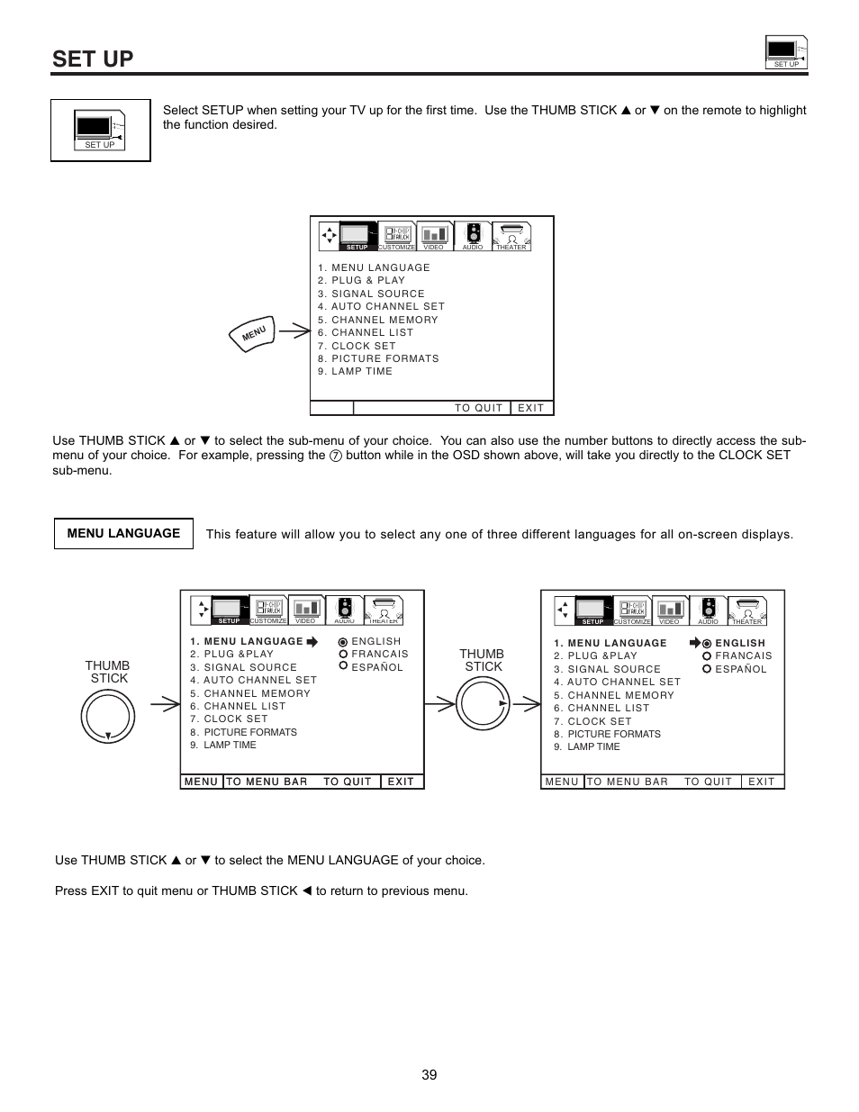 Set up | Hitachi 55DMX01WD User Manual | Page 39 / 92