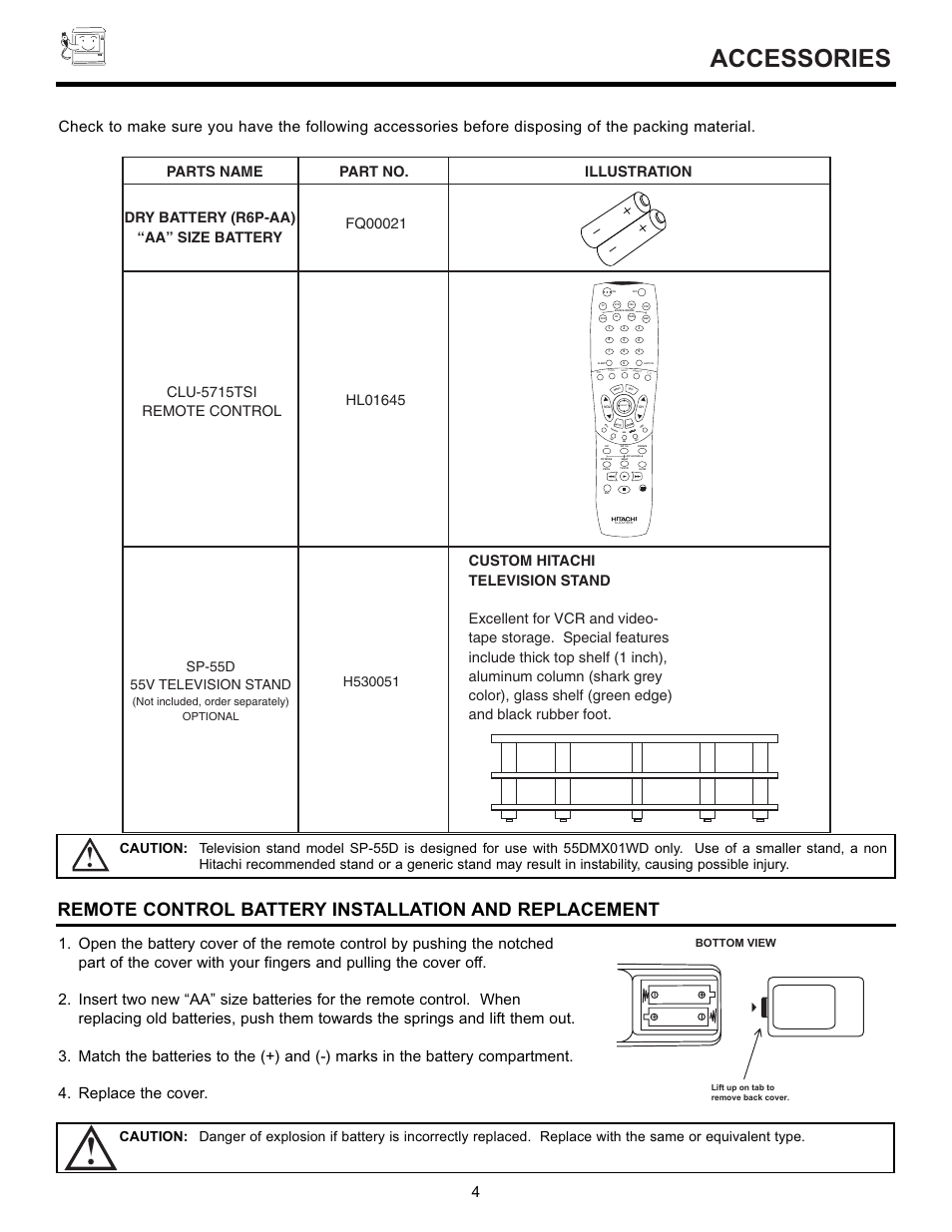 Accessories, Guide/tv, Guide/tv info vcr p lus+ svcs guide/tv sc hd | Vid1 vid2 vid3 | Hitachi 55DMX01WD User Manual | Page 4 / 92