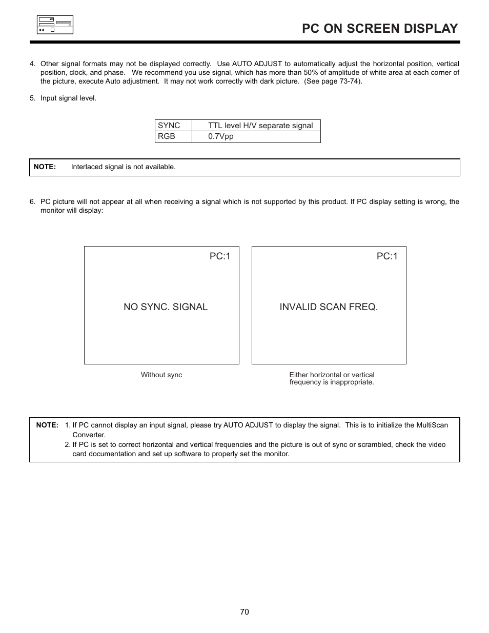 Pc on screen display | Hitachi 55DMX01WD User Manual | Page 70 / 92