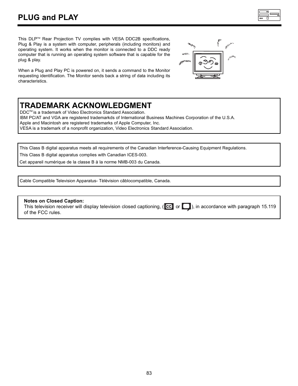 Plug and play, Trademark acknowledgment | Hitachi 55DMX01WD User Manual | Page 83 / 92