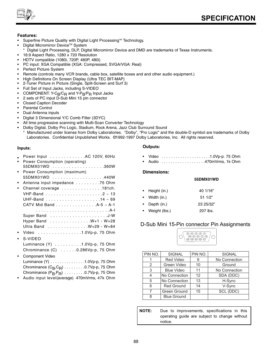 Specification, D-sub mini 15-pin connector pin assignments | Hitachi 55DMX01WD User Manual | Page 88 / 92