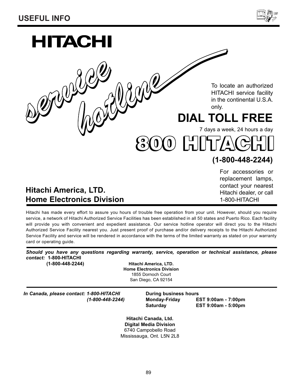 Service ser vic e, 800 hitachi, Dial toll free | Hitachi 55DMX01WD User Manual | Page 89 / 92