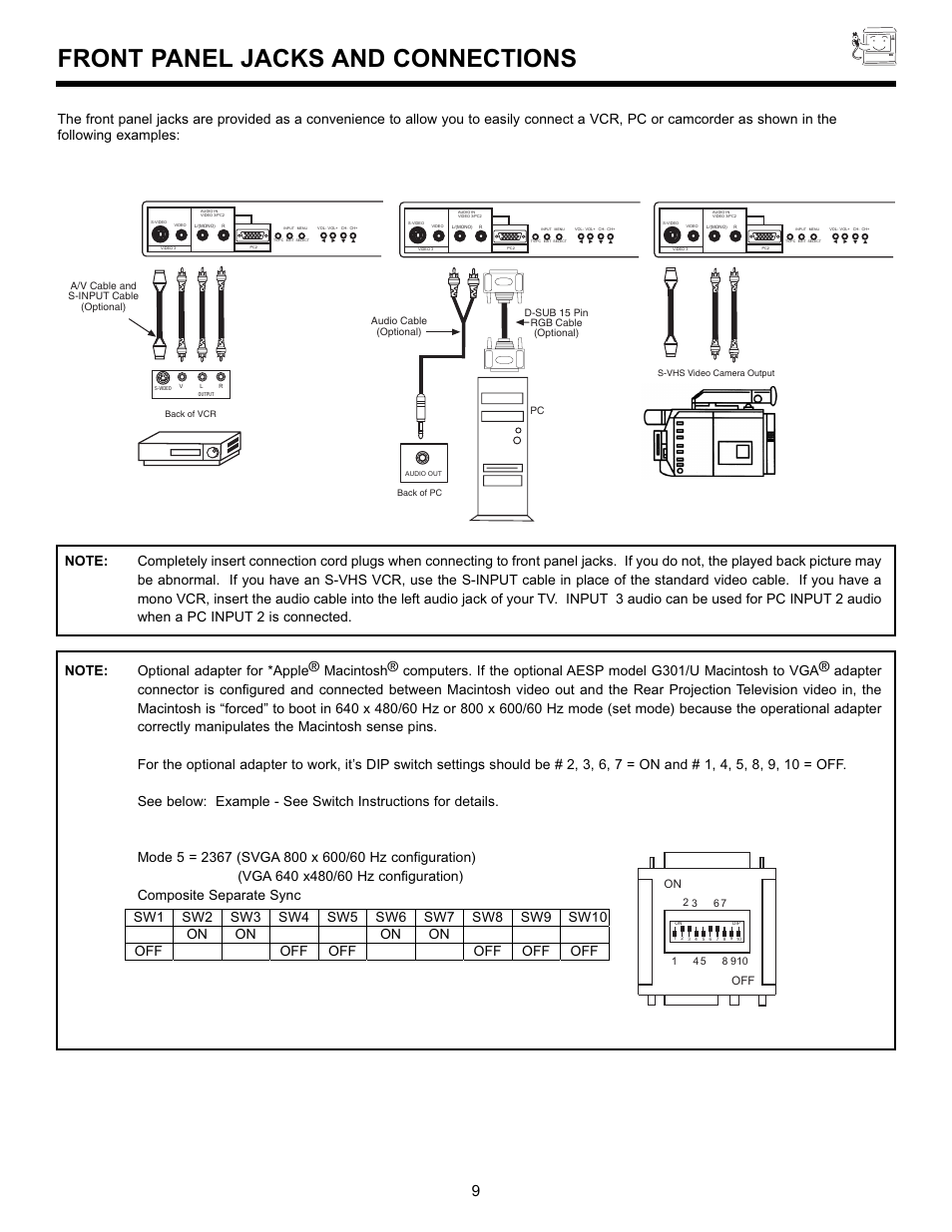 Front panel jacks and connections | Hitachi 55DMX01WD User Manual | Page 9 / 92