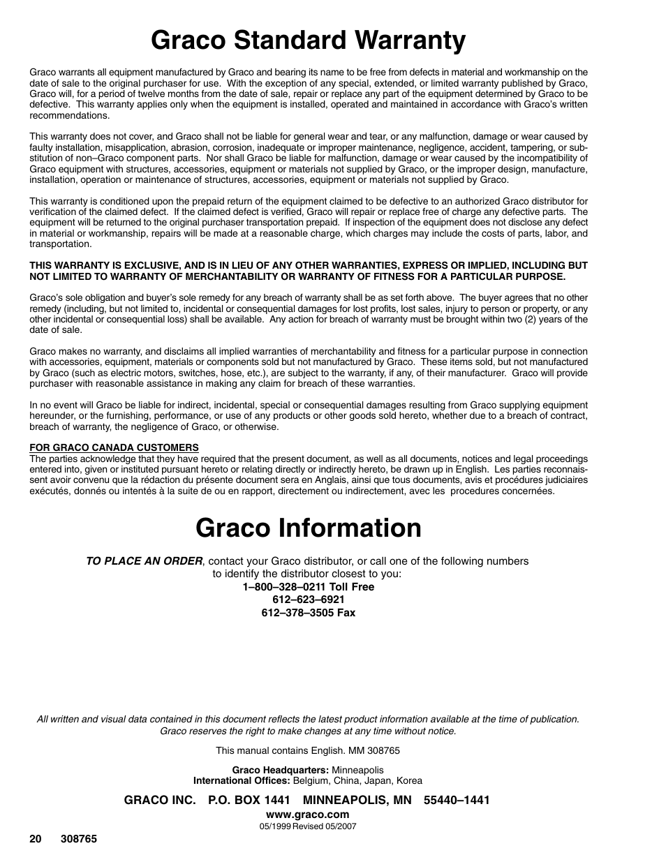 Graco standard warranty, Graco information | Hitachi 232437 User Manual | Page 20 / 20