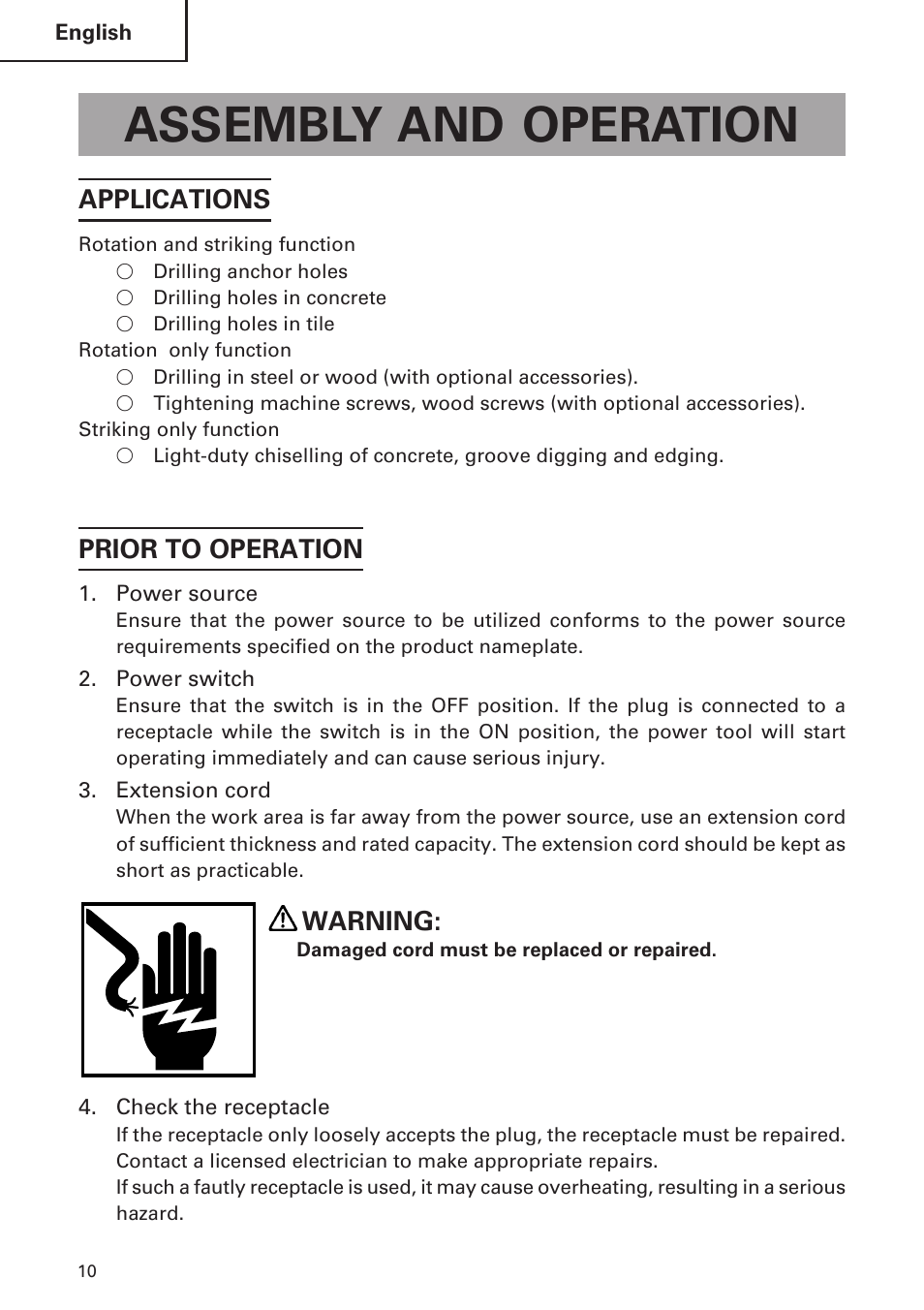 Assembly and operation, Applications, Prior to operation | Warning | Hitachi DH 30PC User Manual | Page 10 / 76