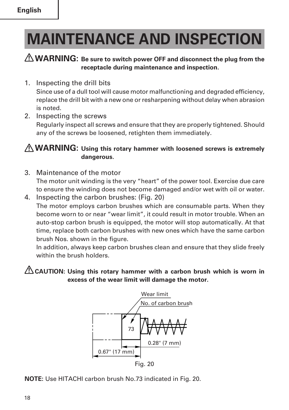 Maintenance and inspection, Warning | Hitachi DH 30PC User Manual | Page 18 / 76