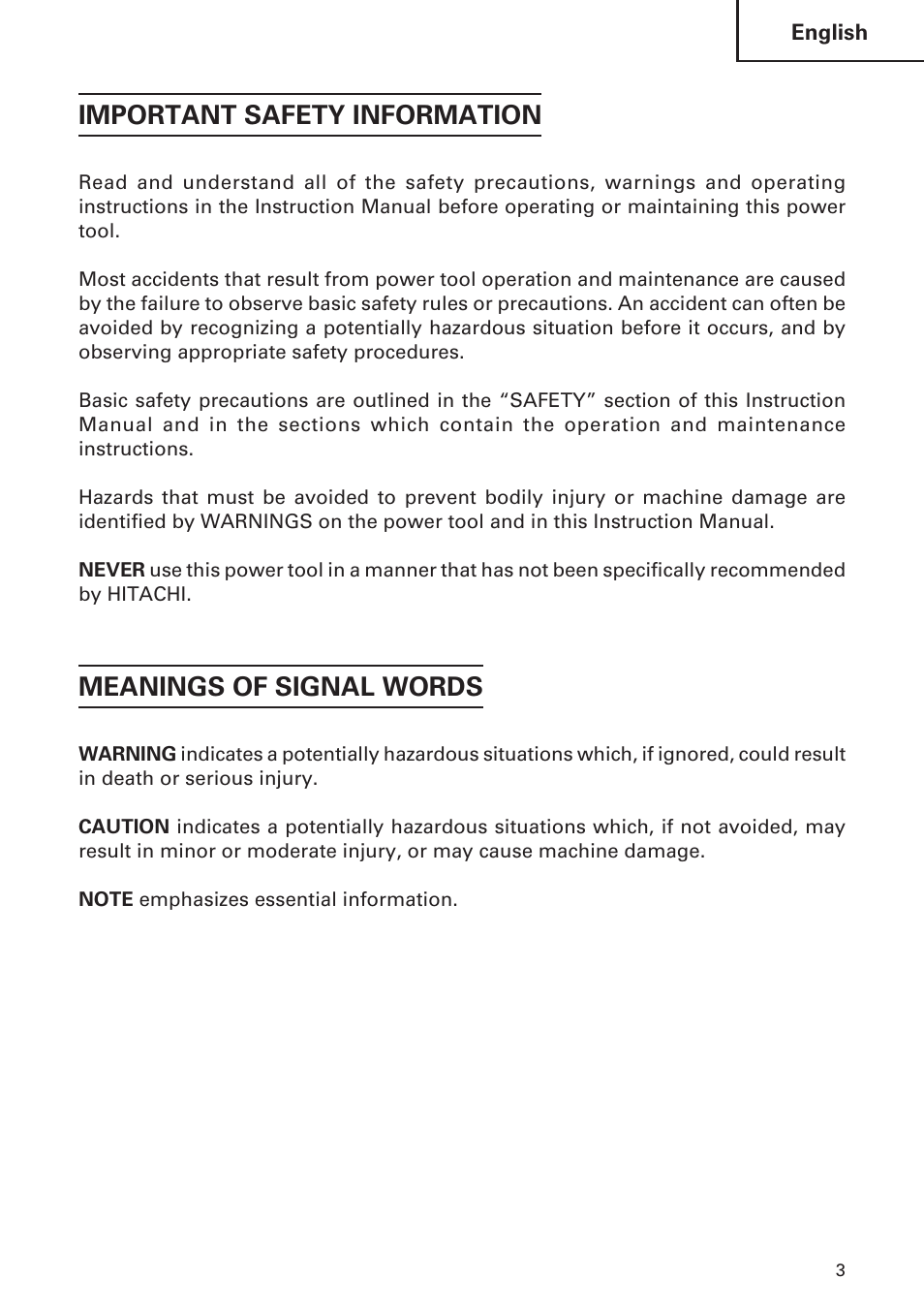 Important safety information, Meanings of signal words | Hitachi DH 30PC User Manual | Page 3 / 76